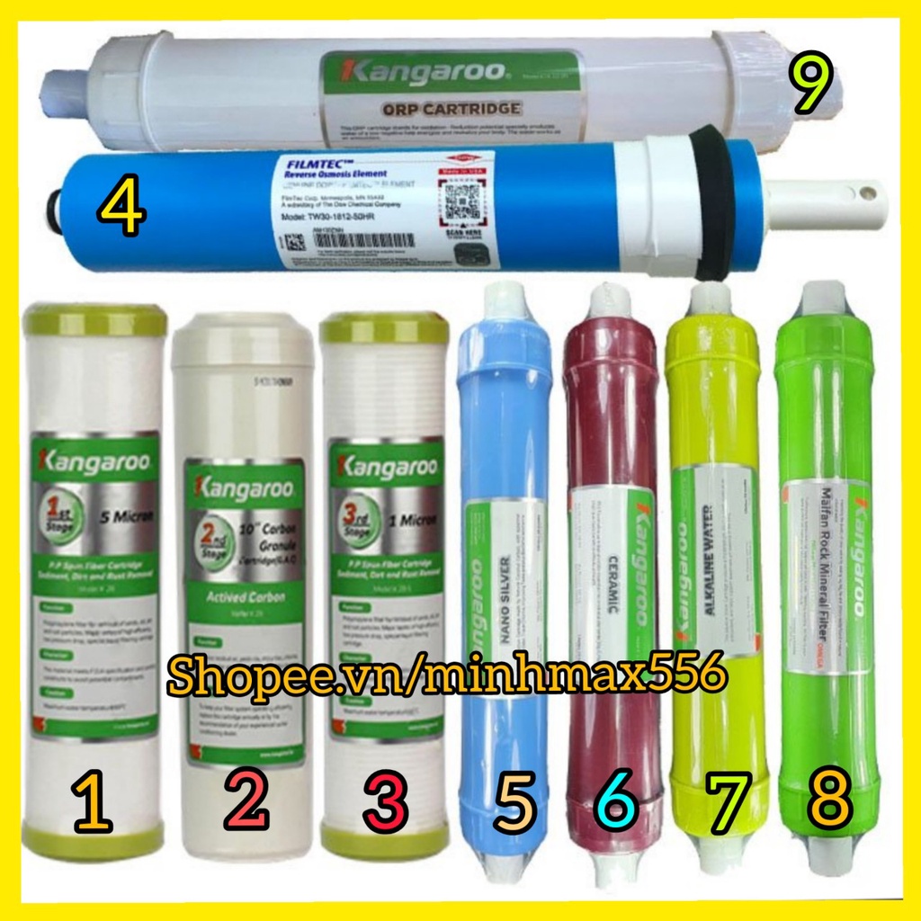 COMBO 9 LÕI LỌC KANGAROO 123456789 | BỘ 123-RO DUPONT MỸ-NANO-CERAMIC-ALKALINE-MAIFAN-ORP