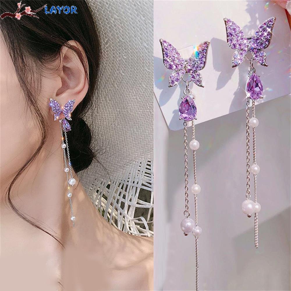 Bông Tai Dáng Dài Hình Bướm Màu Tím Thời Trang Cho Nữ|Dây Chuyền Chuỗi Ngọc Trai Dài Mặt Hình Bướm Nhiều Màu Sắc Thời Trang