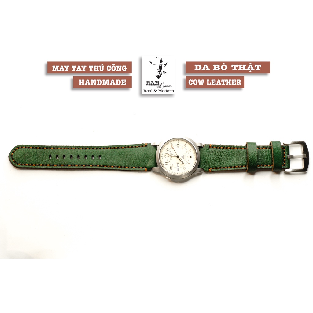 Dây đồng hồ RAM Leather vintage green - da bò xanh lục may thủ công - RAM Leather