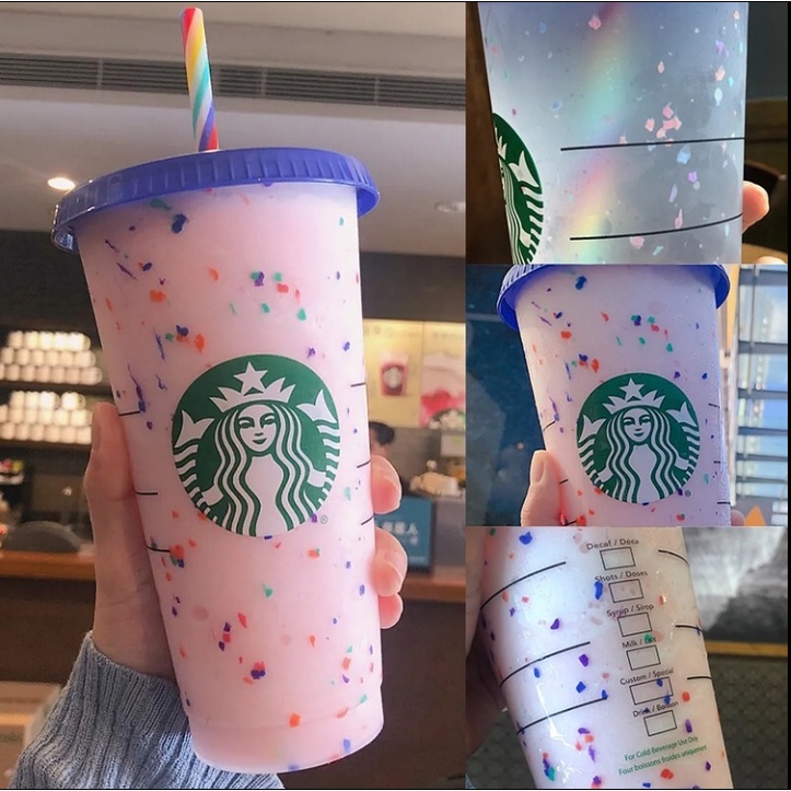 Bộ 1 hoặc 5 cốc uống cà phê Starbucks bằng nhựa thay đổi màu sắc có nắp đậy và ống hút và lạnh 24 fl oz