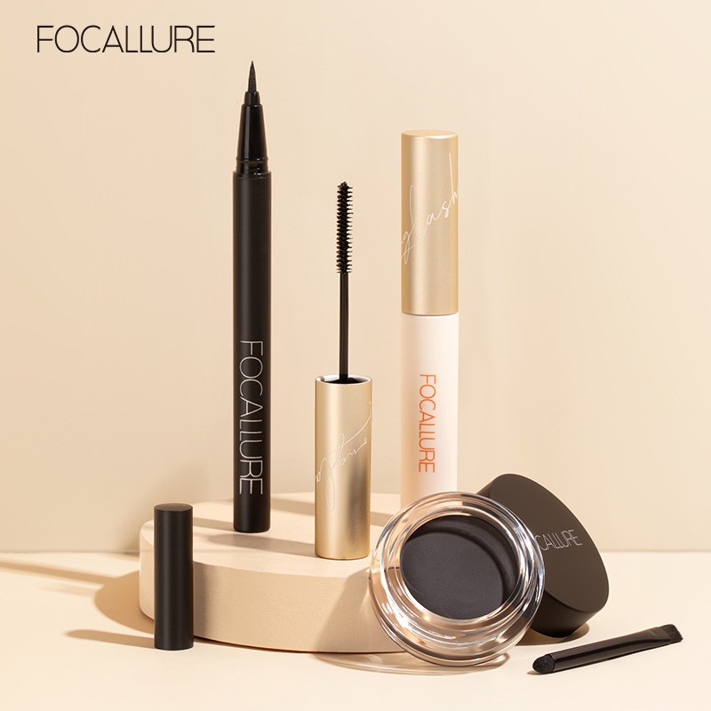 Set Mascara + bút kẻ mắt + gel lông mày FOCALLURE màu đen trang điểm chống nước 70g/3pcs
