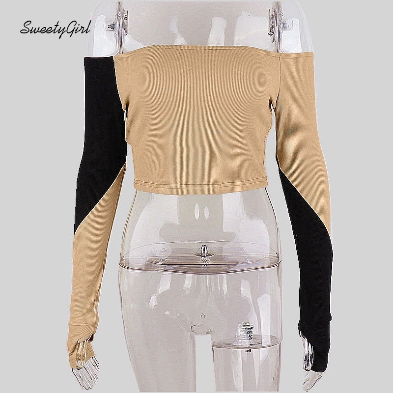 Áo croptop tay dài trễ vai màu sắc tương phản quyến rũ cho nữ