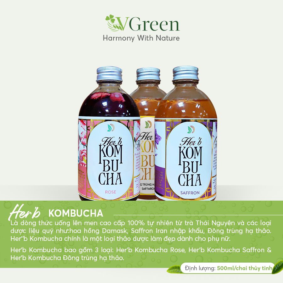 Combo Kombucha Vgreen - Trà bất tử hữu cơ / dưỡng sinh mix vị Trà xanh/ Dâu/ Dừa/ Đào/ Sâm dứa/ Sen/ Nhài/ Tropical