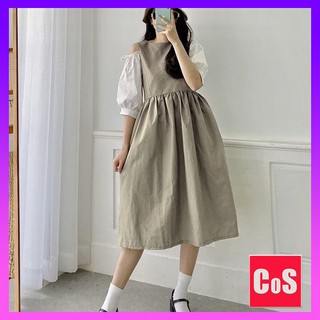 💋mẫu 2021💋đầm babydoll tay lỡ khoét vai, cos, váy nữ tay phối màu dáng lỡ