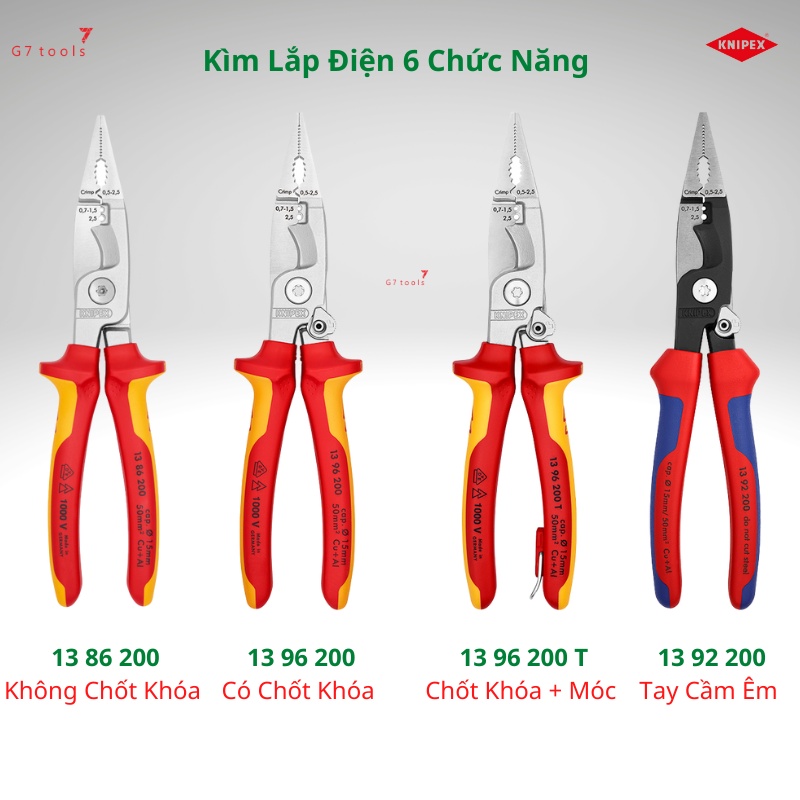 Kìm Knipex Lắp Điện Đa Năng 6 Chức Năng 13 96 200 / 13 96 200 T/ 13 86 200/ 13 92 200: Cắt, Tuốt, Bấm Cos, Doa Tụ Điện