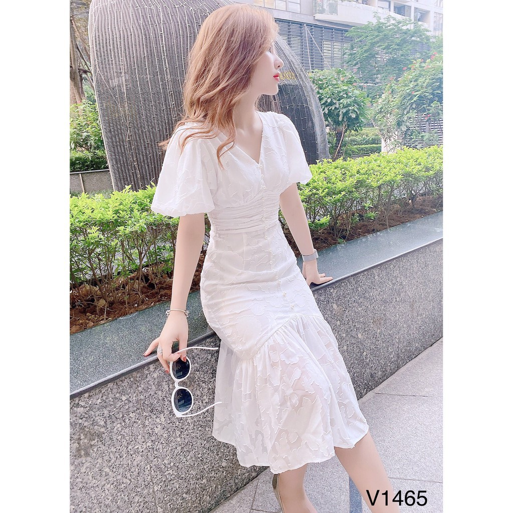 Váy trắng đuôi cá tay bồng V1465 - Đẹp Shop DVC - Kèm ảnh thật trải sàn do shop tự chụp
