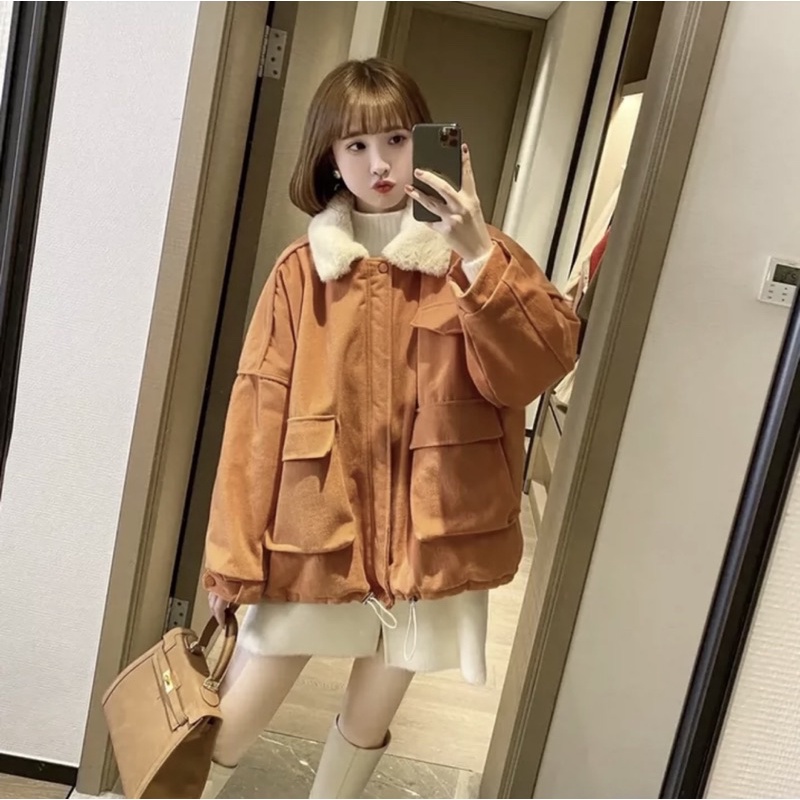 Áo Khoác Kaki 2 Lớp Túi Hộp Lót Lông  🌱 Áo Đại Hàn Nữ Dáng Rộng Dây Rút 3 Màu 🌱 | BigBuy360 - bigbuy360.vn