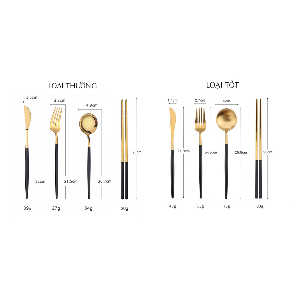Bộ 4 món dao nĩa muỗng đũa inox 304 mạ vàng kèm hộp - Jassi Decor