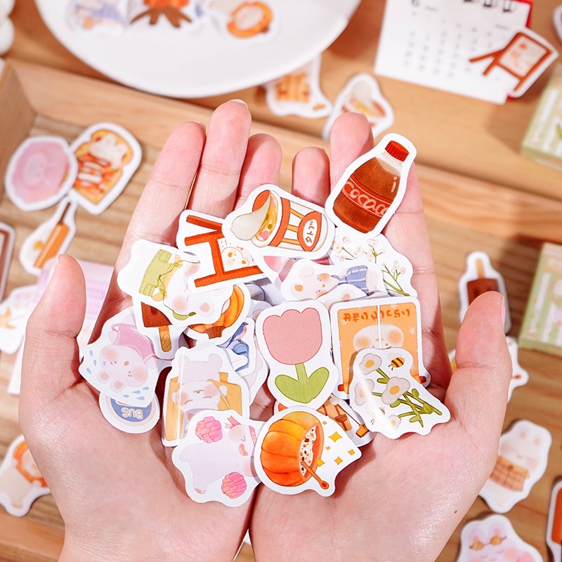 Sticker Hộp 45 Tấm Hình Gấu Thỏ Pastel Siêu xinh, Hộp Sticker Nhỏ Trang Trí Siêu Xinh Xắn