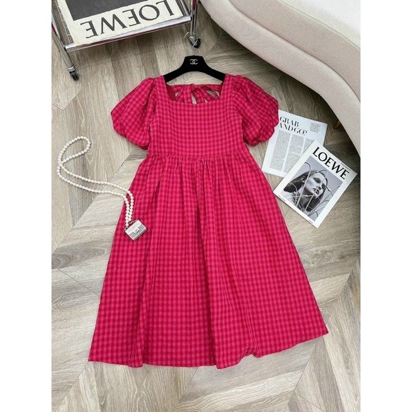 Đầm bầu kẻ ô dáng babydoll tay phồng siêu xinh chất đũi mềm