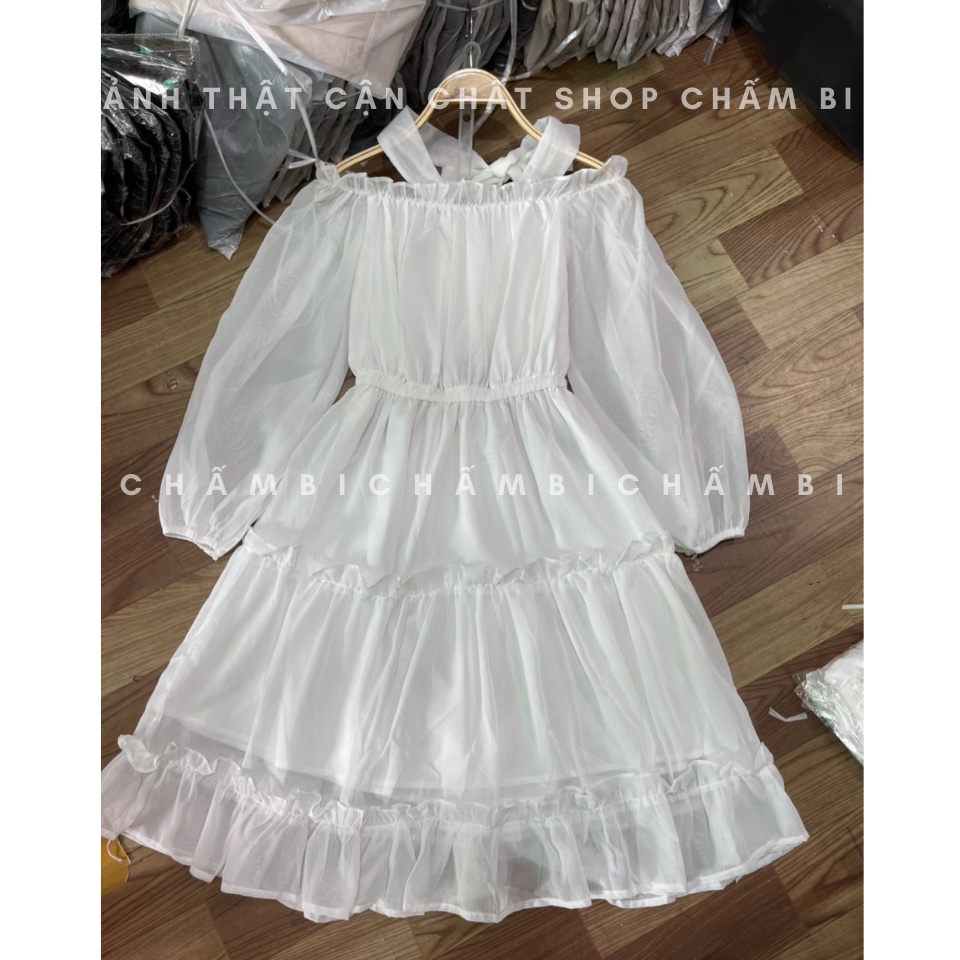 Váy kiểu tiểu thư V.091, Váy trắng trễ vai dây nơ chéo dài tay chun eo 2 lớp 3 tầng bèo ngang chảnh xả