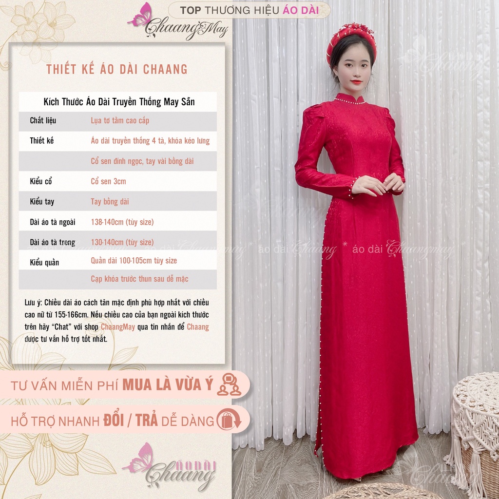 Áo dài cưới cô dâu tay vai bồng CHAANG May thiết kế Lụa Tơ Tằm đính ngọc cao cấp dự tiệc lễ tết đẹp