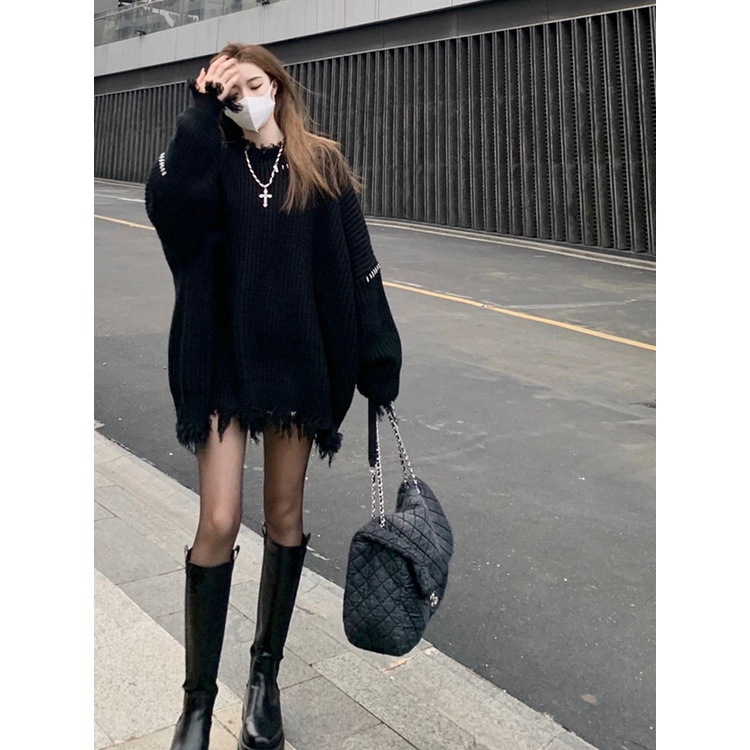 Jiashucheng Áo Sweater Chui Đầu Dày Chui Đầu Dáng Rộng Dài Vừa Phải Thiết Kế Rách Thiết