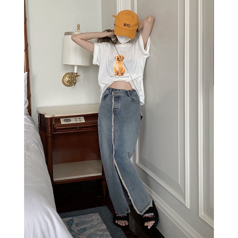 Chân váy jean Lưng Cao Xẻ Tà Thiết Kế Mới Thời Trang Mùa Hè Cho Nữ