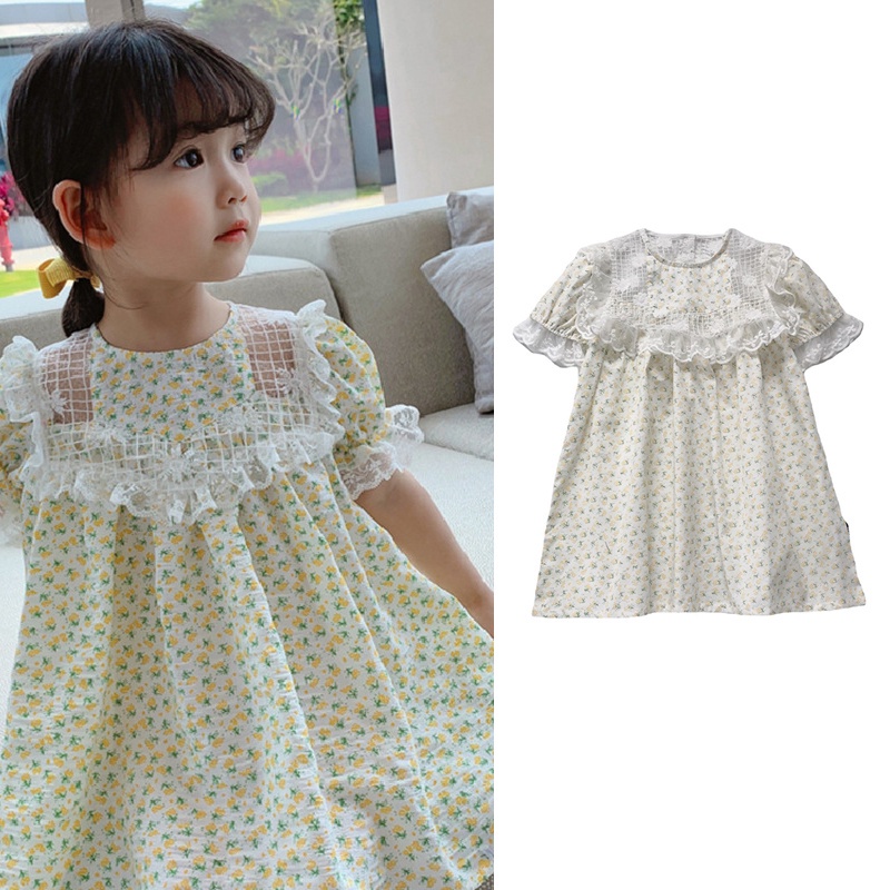 Đầm chữ A cổ tròn tay ngắn phối ren hoa thời trang cho bé gái