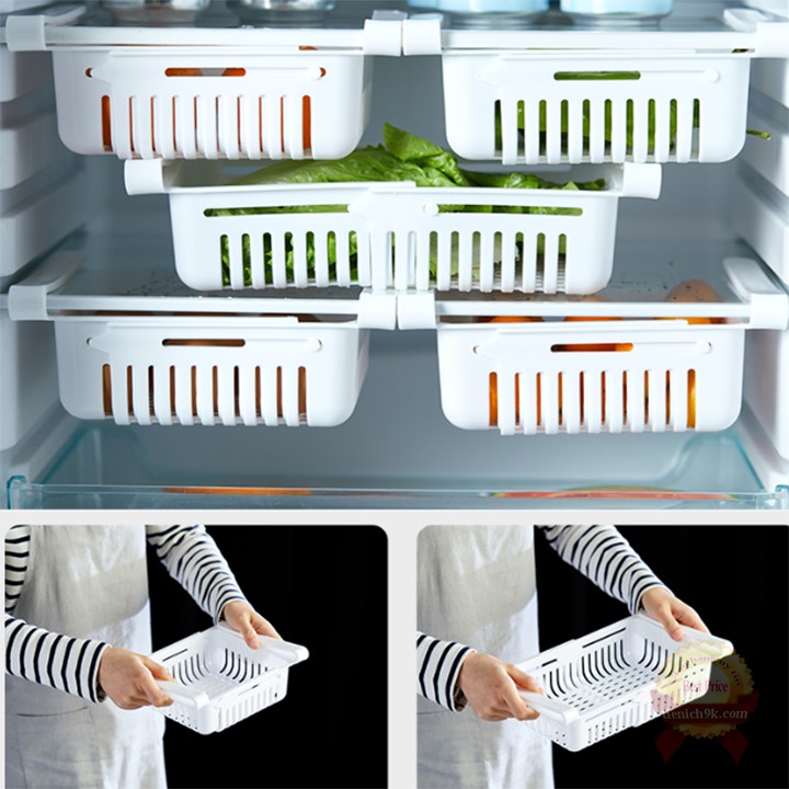 Khay rổ nhựa cài tủ lạnh điều chỉnh độ dài đựng thực phẩm tiết kiệm không gian