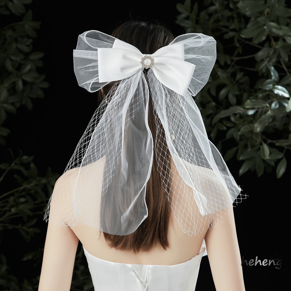 Kẹp Tóc Nơ Ngắn Đính Ngọc Trai Sang Trọng Cho Đám Cưới