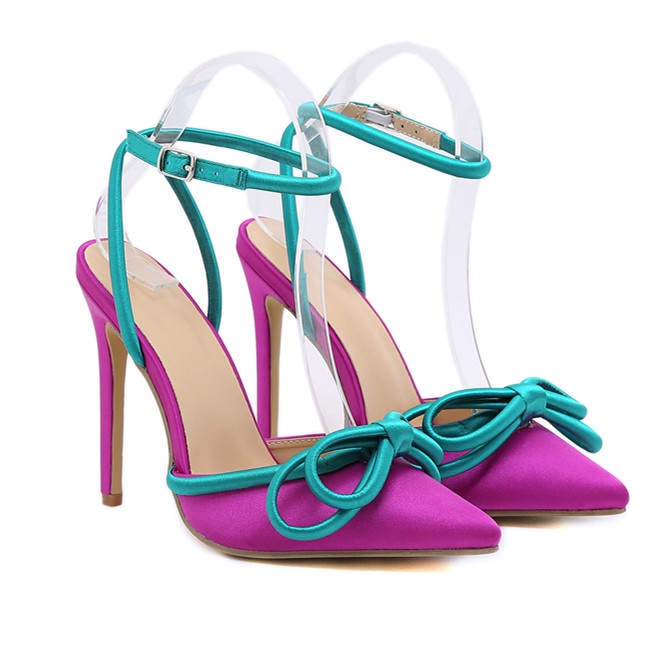 Giày Cao Gót Da Satin Đính Nơ Xinh Xắn Thời Trang Hàn Quốc 4.33 Inch Size 35-42