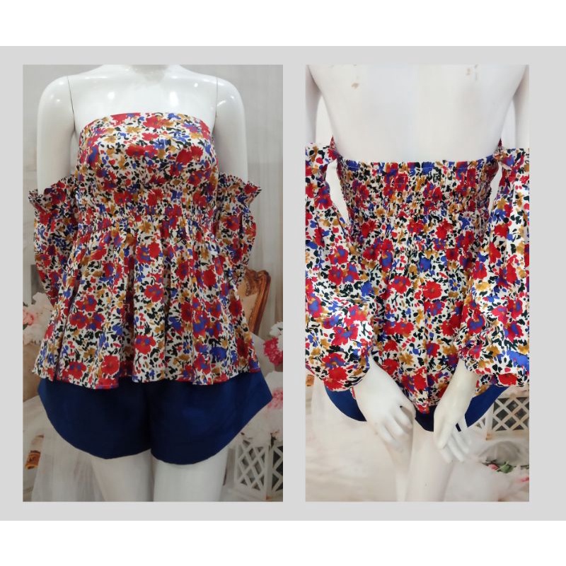 Set áo trễ vai hoa đỏ quần short xanh