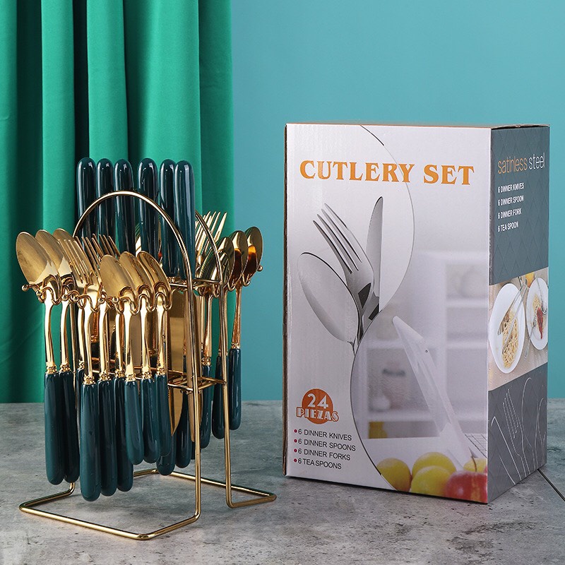 Bộ thìa, dĩa, dao, 25 món có giá treo inox vàng  dụng cụ ăn đồ Tây