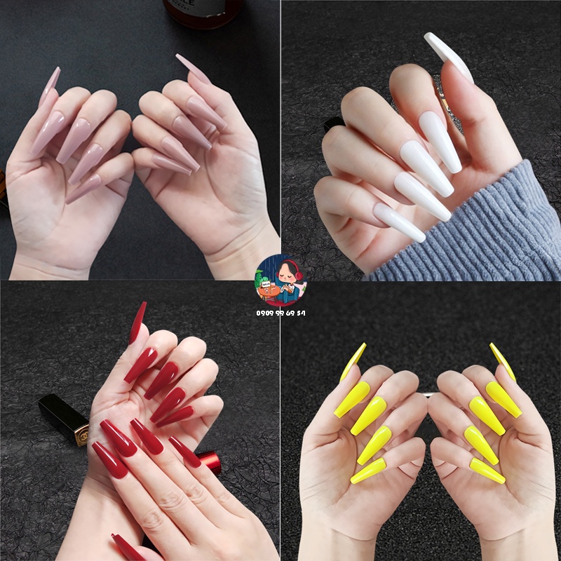 [ 1169 ] Bộ 24 Móng Cứng - Sơn Bóng - Phom Thang Dài Xtra [Tặng Miếng Dán Và Dụng Cụ] Bst Trơn Màu Km
