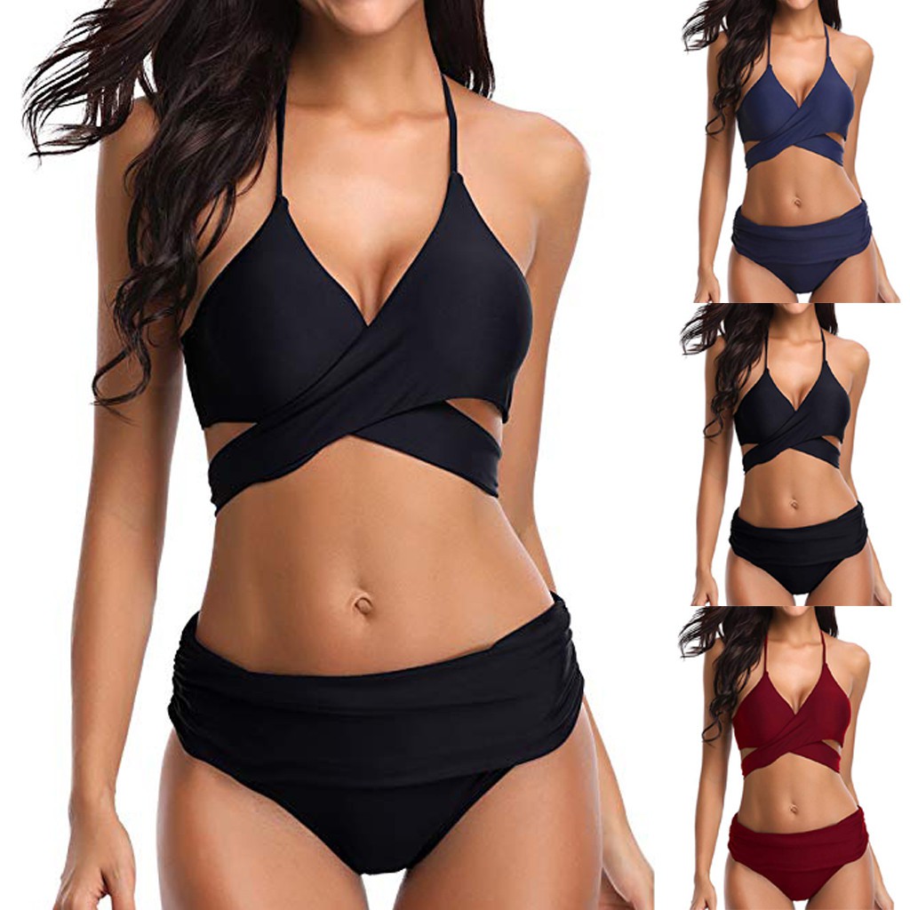 Women Sexy Swimsuit Two Piece Retro Halter Ruched High Waist Solid Bikini Set | BigBuy360 - bigbuy360.vn
