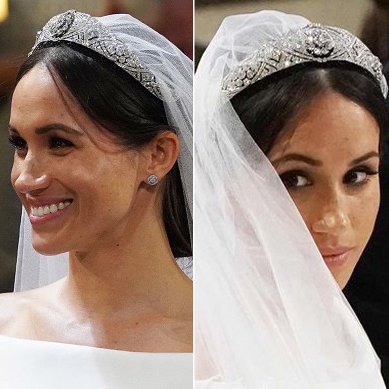 The bride's crown is studded with crystal stones