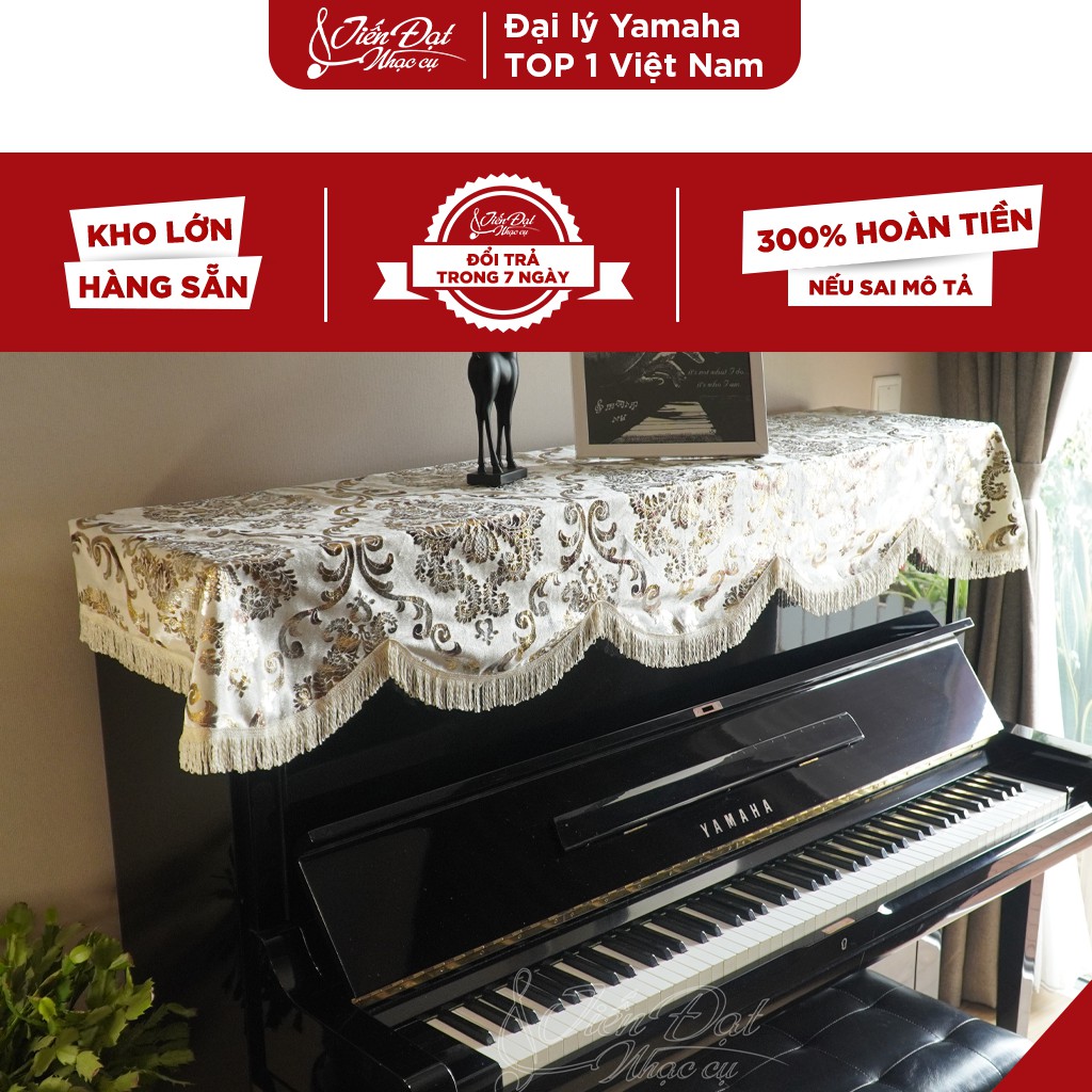 Khăn Phủ Đàn Piano Nhung Vàng Thêu Hoa Tua Rua Mềm KU-06A