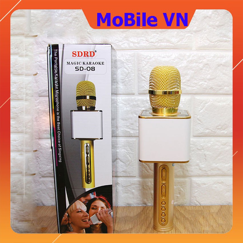 Mic hát karaoke không dây SD08 kèm loa bluetooth âm thanh to trầm ấm, míc hát bắt giọng