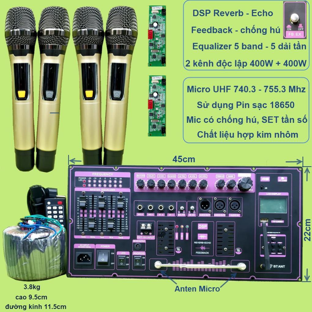 Mạch loa kéo Reverb 2 kênh có Equalizer 5 band kèm micro kèm mic chống hú pin 18650 tần số 740.3 – 755.3 Mhz