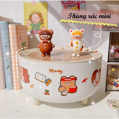 Thùng rác nhỏ dễ thương, hộp lưu trữ để bàn có nắp decor bàn học  - Phong cách Hàn Quốc - Góc nhỏ Aki