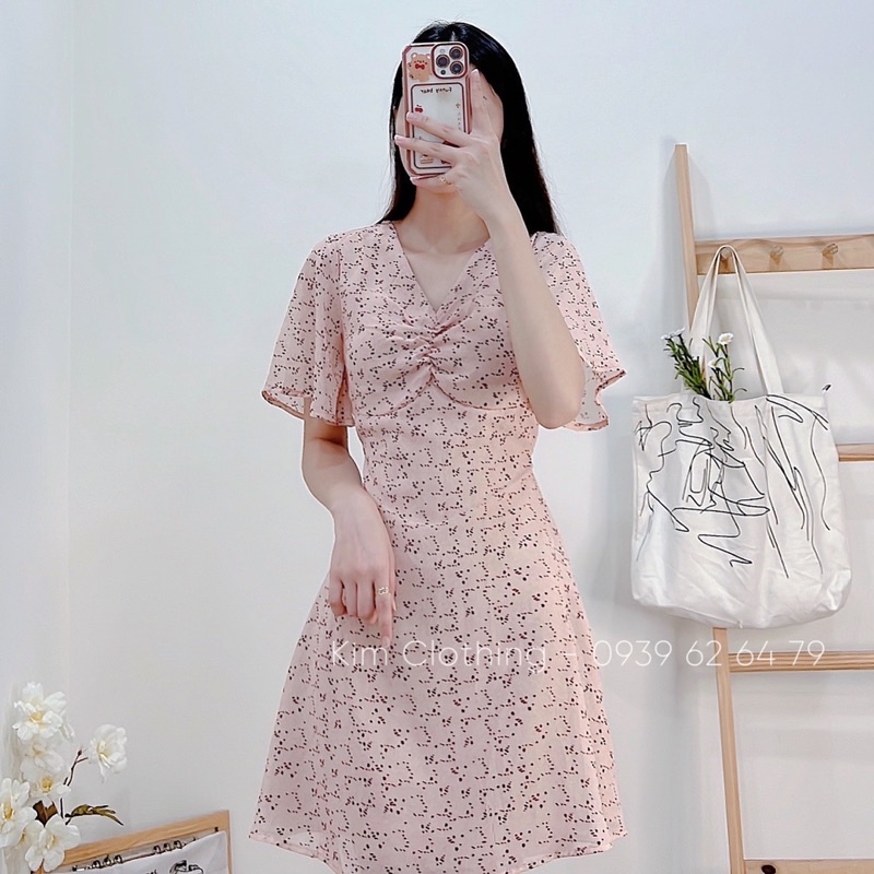 [Hàng sẵn] Đầm voan lụa tay tiên nhíu ngực nơ sau nhẹ nhàng dáng ngắn - hình thật
