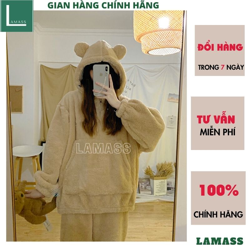 Bộ đồ mặc nhà lông gấu trơn 2 mầu nâu be ,bộ ngủ ấm áp vào mùa đông siêu cute dễ thương - LAMASS