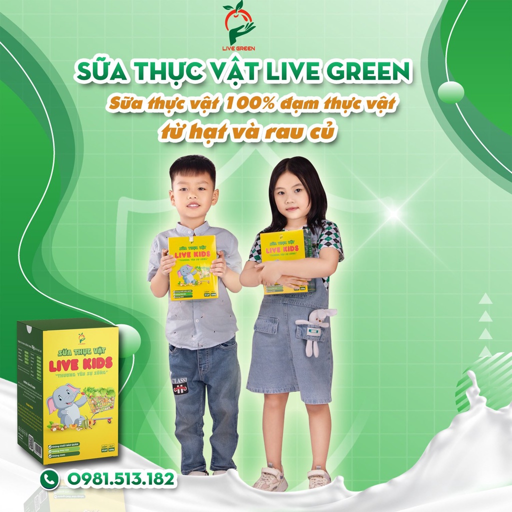 Sữa hạt thực vật Live Kids. Bổ sung chất dinh dưỡng và chất xơ cho bé từ hạt dinh dưỡng cao cấp và rau củ.1 hộp 30 gói