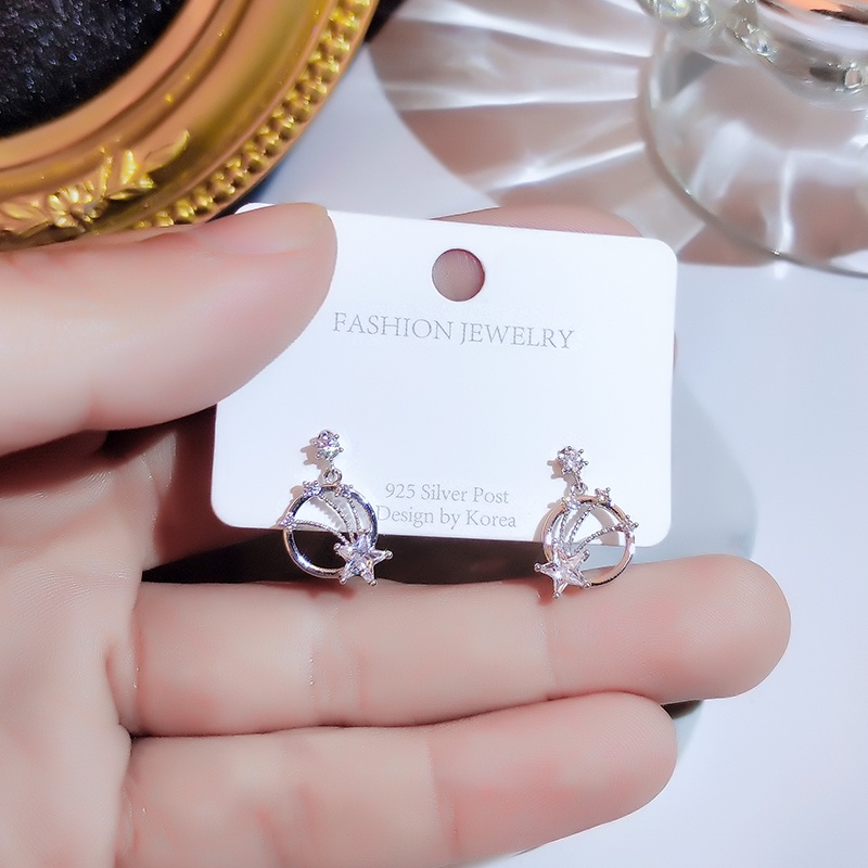 Bông tai JIUDUOLAN đính đá zircon mặt ngôi sao tròn sáng bóng đẹp mắt phong cách Hàn Quốc