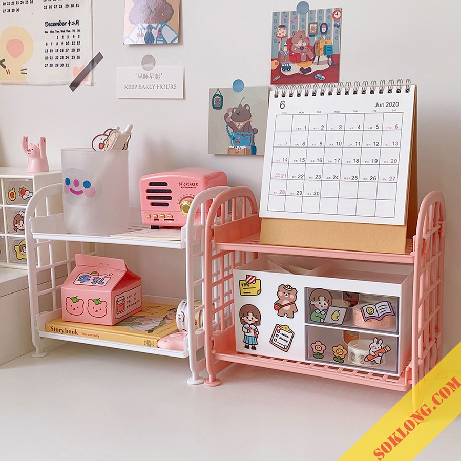 Kệ nhựa mini 2 tầng giá đựng sách, mỹ phẩm để bàn tiện ích decor