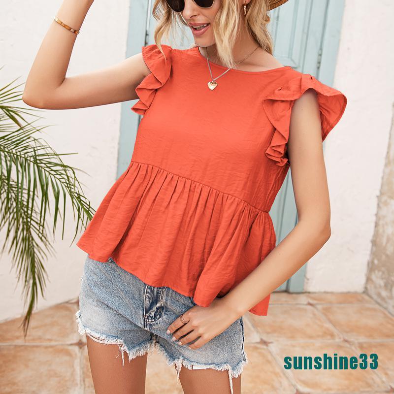 (Mới) Áo Peplum Tay Ngắn Dáng Rộng Viền Bèo Cho Nữ