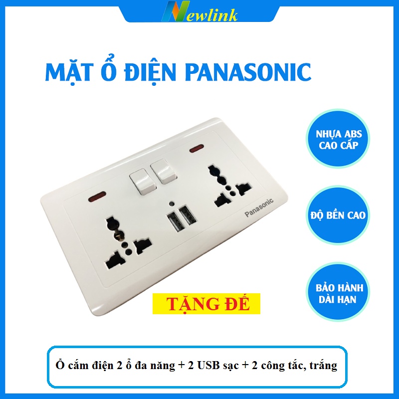 Ổ Cắm Điện Âm Tường có công tắc, 2 ổ cắm đa năng, 2 ổ cắm USB 2.1A sạc PanasonicTẶNG ĐẾ