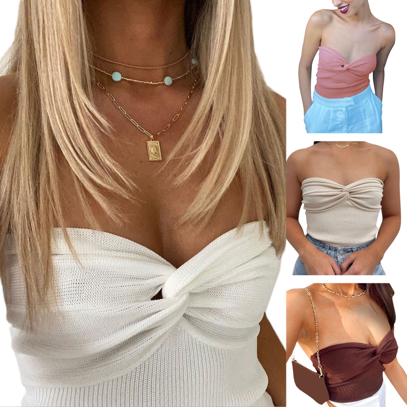 Brroa Áo Croptop Dệt Kim Hai Dây Thắt Nút Trước Màu Trơn Gợi Cảm Mùa Hè Cho Nữ