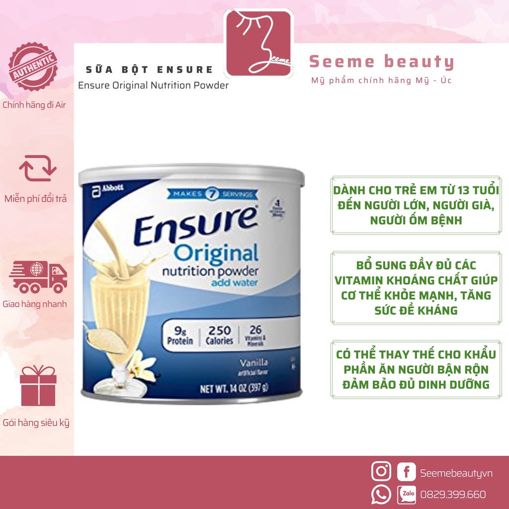 [DATE 2023, NHẬP MỸ] Sữa bột ENSURE MỸ Original Nutrition Powder vị Vanilla 397g mẫu mới  [SeeMe beauty] VG-002