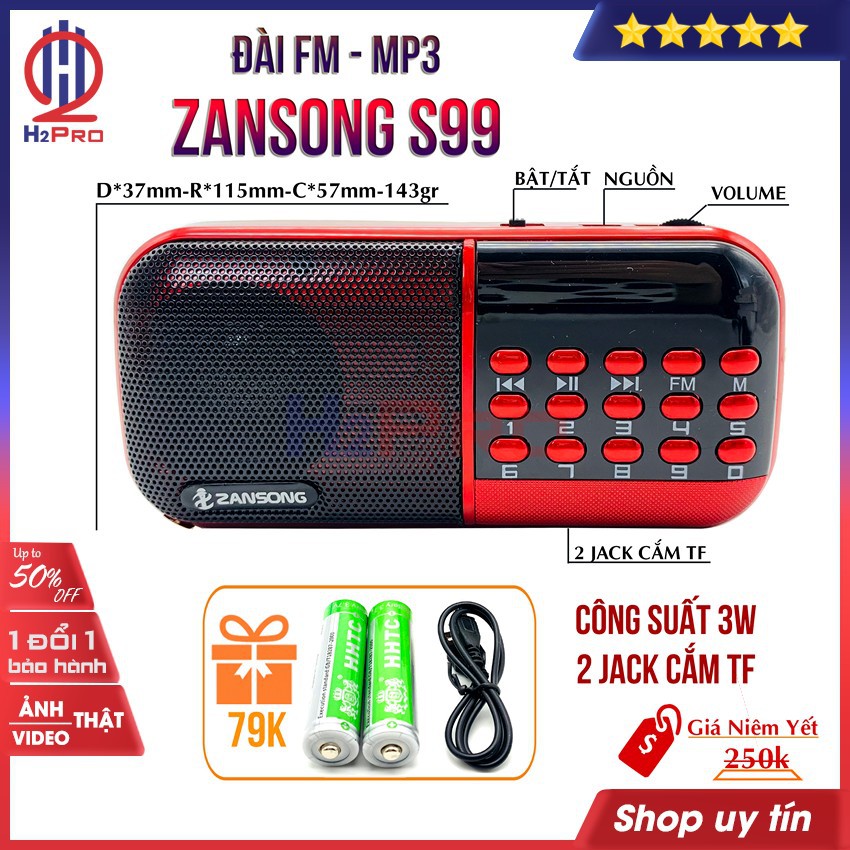 Đài radio FM-loa thẻ ZanSong S99 H2Pro đa năng nghe đài radio kiêm máy nghe nhạc mp3-2 pin sạc-2 khay thẻ nhớ