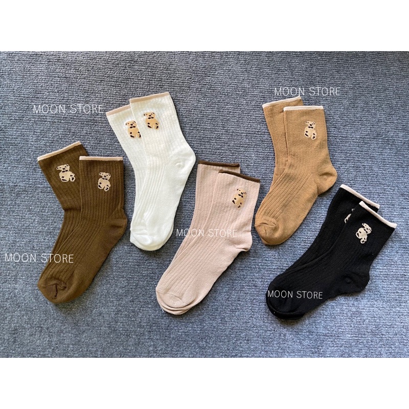 Set 5 đôi tất vớ nữ cổ cao hình gấu nâu len gân tăm cực đẹp hotrend BT5