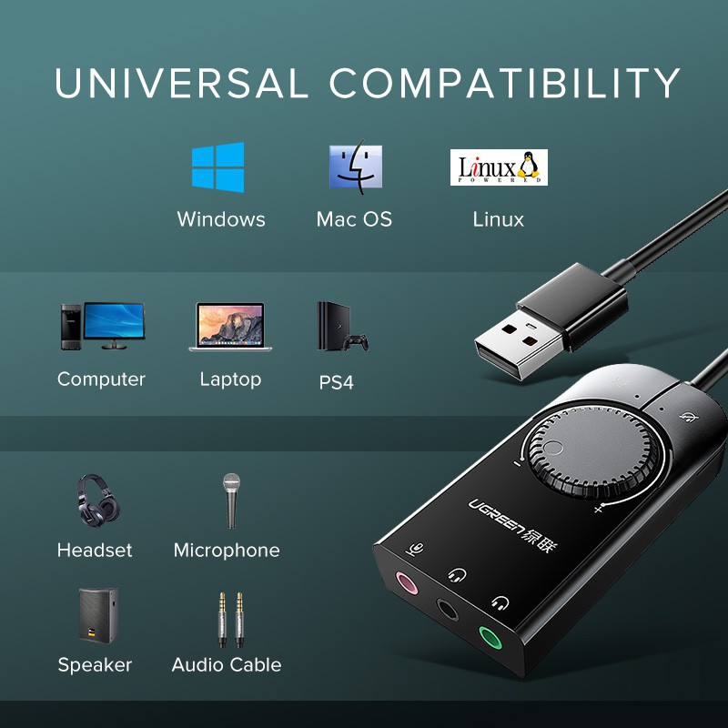 Ugreen USB External Stereo Sound Card Adapter Computer Laptop PS4 Headset Microphone Speaker 3.5MM