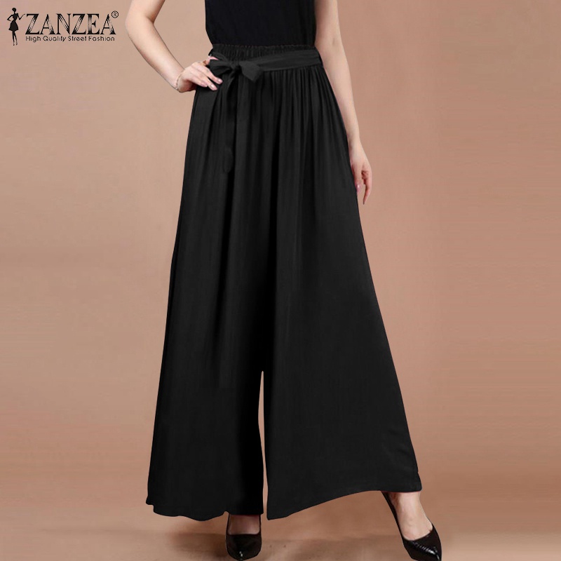 Quần ống rộng ZANZEA lưng thun co giãn có thắt lưng giản dị thời trang dành cho nữ