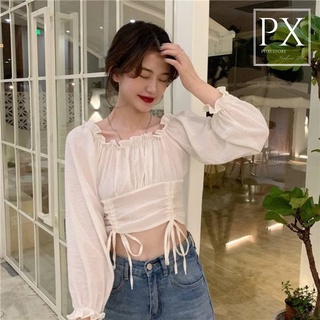 Áo Trễ Vai Dây Rút Eo Tay Dài FASTEST (TRẮNG)