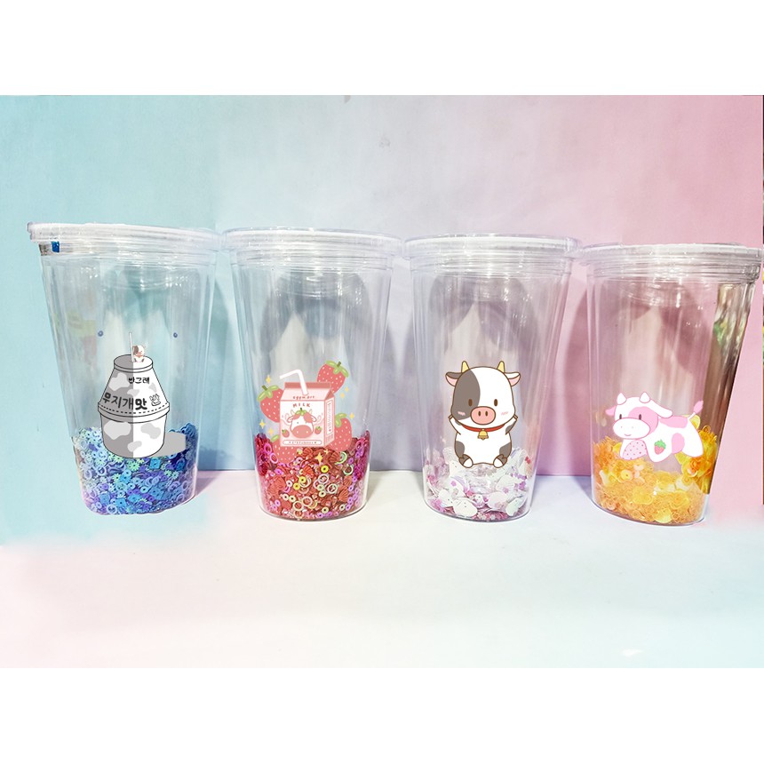 cốc 2 lớp bò sữa kim tuyến CNKI34 cốc giữ nhiệt ly 2 lớp cốc làm lạnh dễ thương 500ml