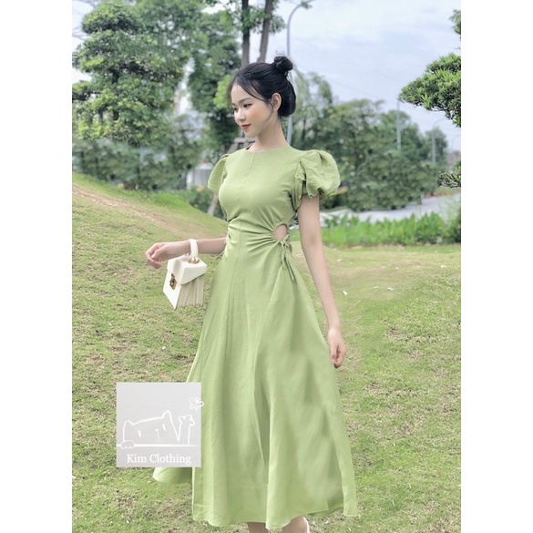 ĐẦM MIDI 4 MẢNH RÚT EO HÔNG CỔ TRÒN 3 MÀU