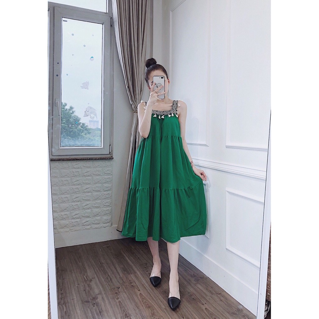 VN675 Váy hai dây viền thổ cẩm cho bà bầu và người béo