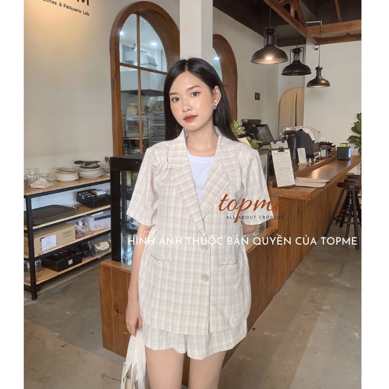 [ẢNH THẬT] Áo Blazer Oversize Nữ Ngắn Tay, Set Áo Blazer Nữ Quần Đùi Màu Trắng Caro Cực Sang | TOPME SB03