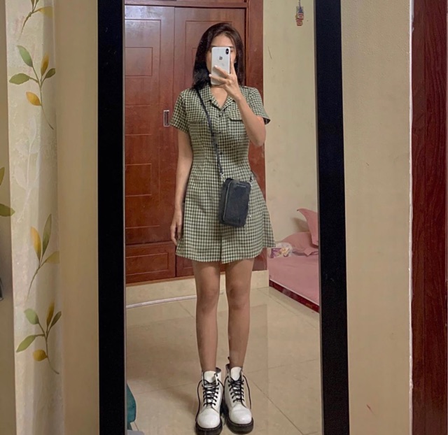 ĐẦM XINH CARO BO THUN Ở SAU LƯNG CỔ SƠMI - ĐẦM SAY DRESS